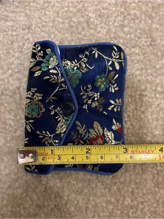 Asian Chinese Blue Black Gold Mini Pouch Bag Lot of 3 Floral Pattern Zip Button - Picture 12 of 12